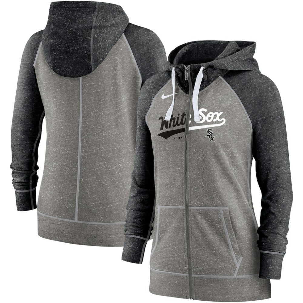 Chicago White Sox Nike Women's Split Wordmark Gym Vintage Raglan Lightweight Full-Zip Hoodie - Heather Charcoal/Heather Black - Nike on Sale