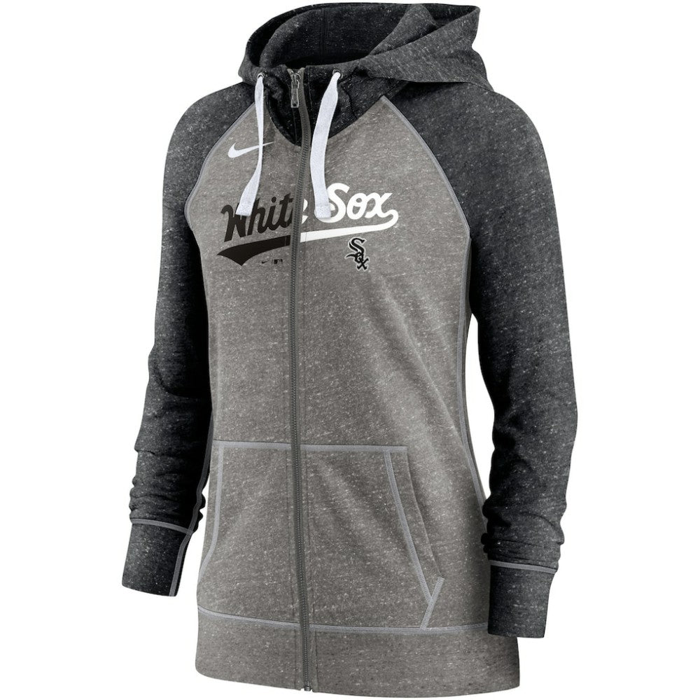 Chicago White Sox Nike Women's Split Wordmark Gym Vintage Raglan Lightweight Full-Zip Hoodie - Heather Charcoal/Heather Black - Nike on Sale