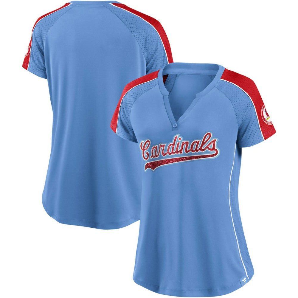 St. Louis Cardinals Fanatics Women's Light Blue/Red True Classic League Diva Pinstripe Raglan V-Neck T-Shirt - Fanatics Discount