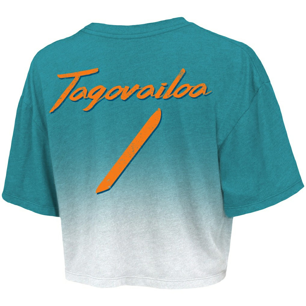 Tua Tagovailoa Miami Dolphins Majestic Threads Women's Dip-Dye Player Name & Number Crop Top Aqua/White