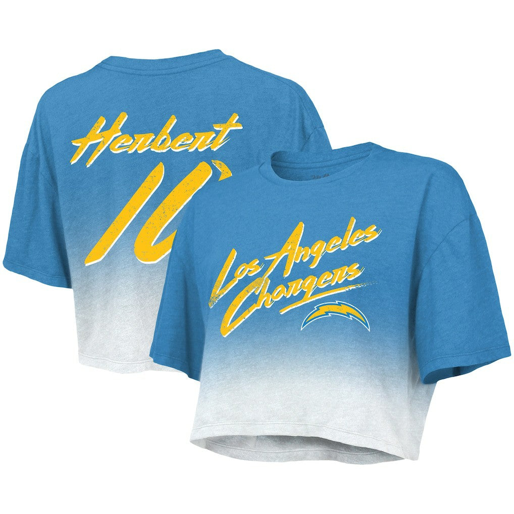 Justin Herbert Los Angeles Chargers Majestic Threads Women's Dip-Dye Player Name & Number Crop Top Powder Blue/White