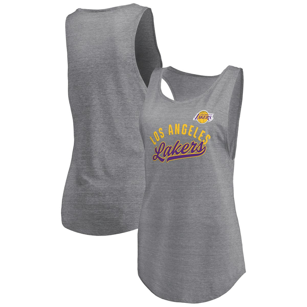 Los Angeles Lakers Women's Quality Time Open Scoop Neck Tri-Blend Tank Top Heathered Gray | Fanatics Near Me