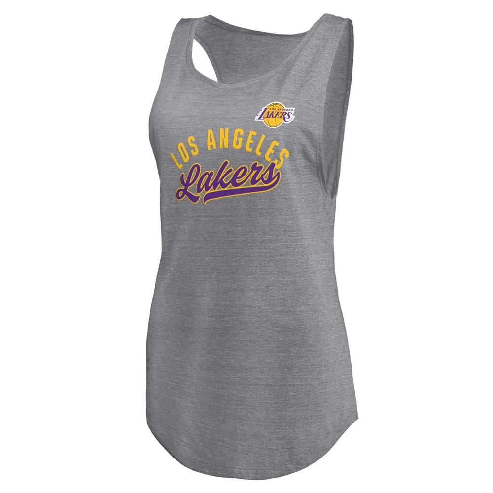 Los Angeles Lakers Women's Quality Time Open Scoop Neck Tri-Blend Tank Top Heathered Gray | Fanatics Near Me