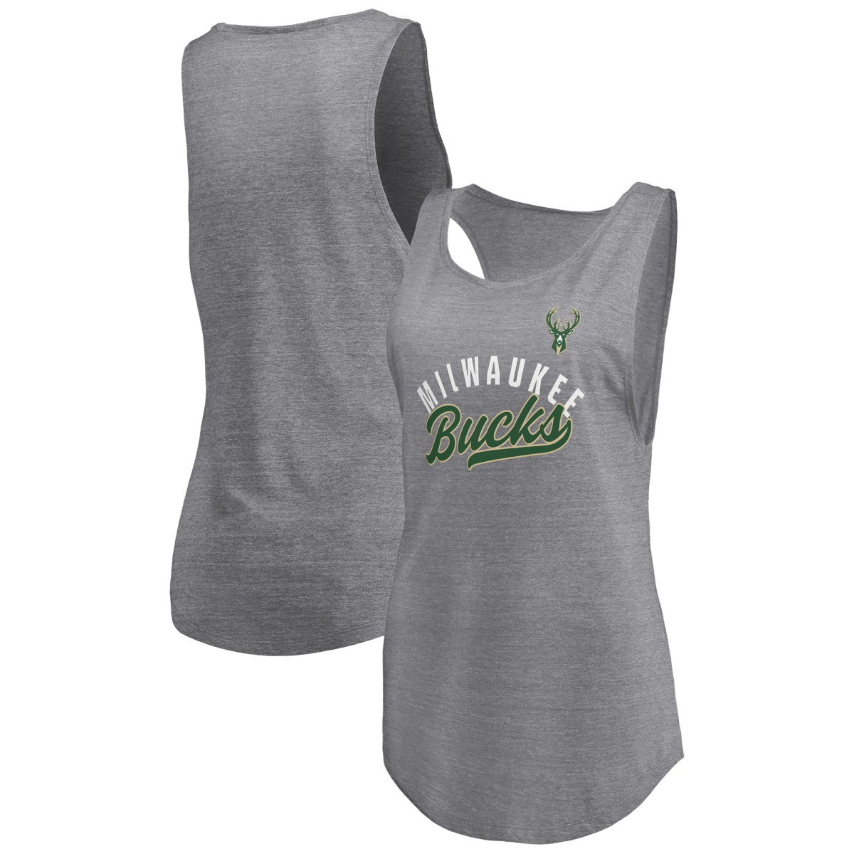 Milwaukee Bucks Women's Quality Time Open Scoop Neck Tri-Blend Tank Top Heathered Gray | Fanatics online