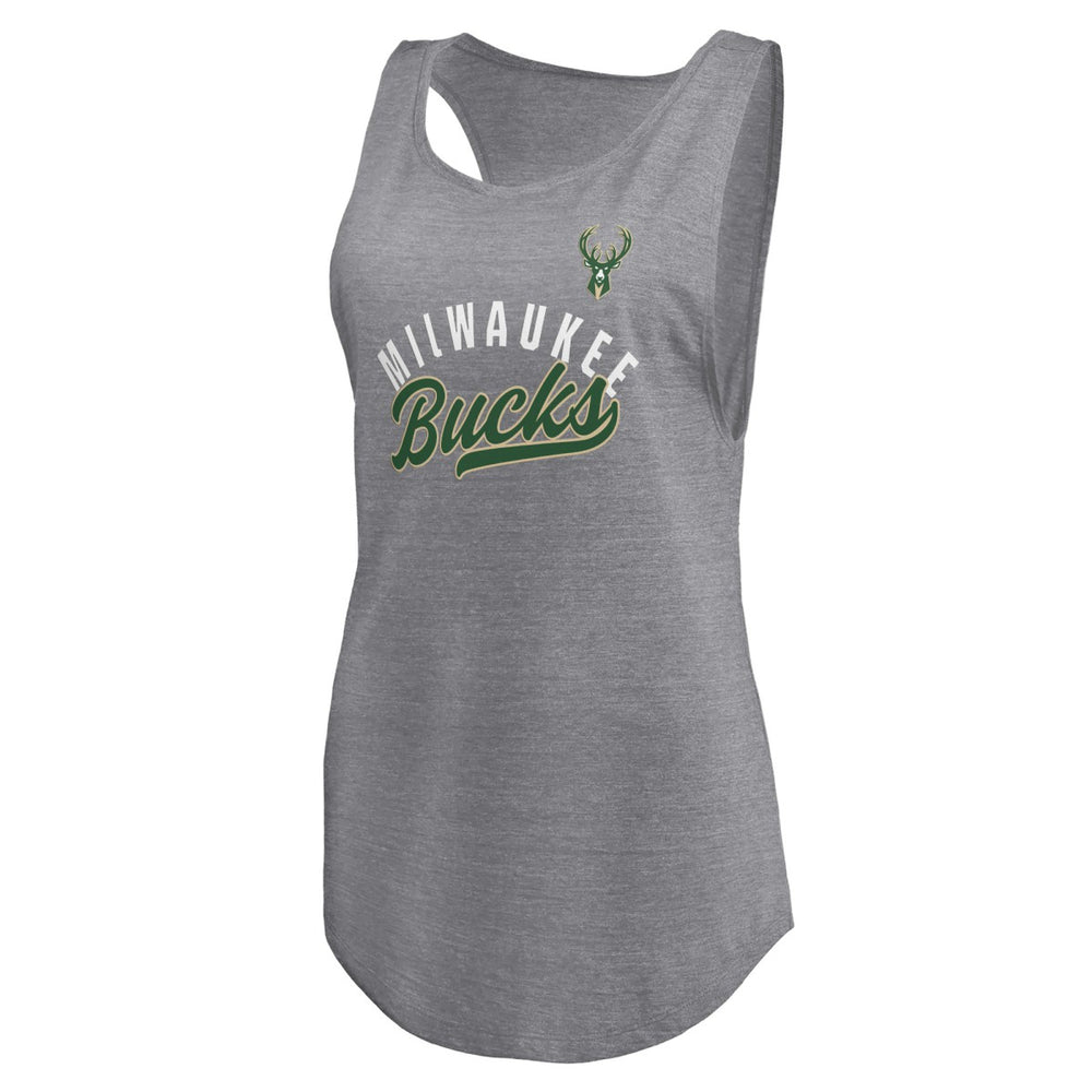 Milwaukee Bucks Women's Quality Time Open Scoop Neck Tri-Blend Tank Top Heathered Gray | Fanatics online