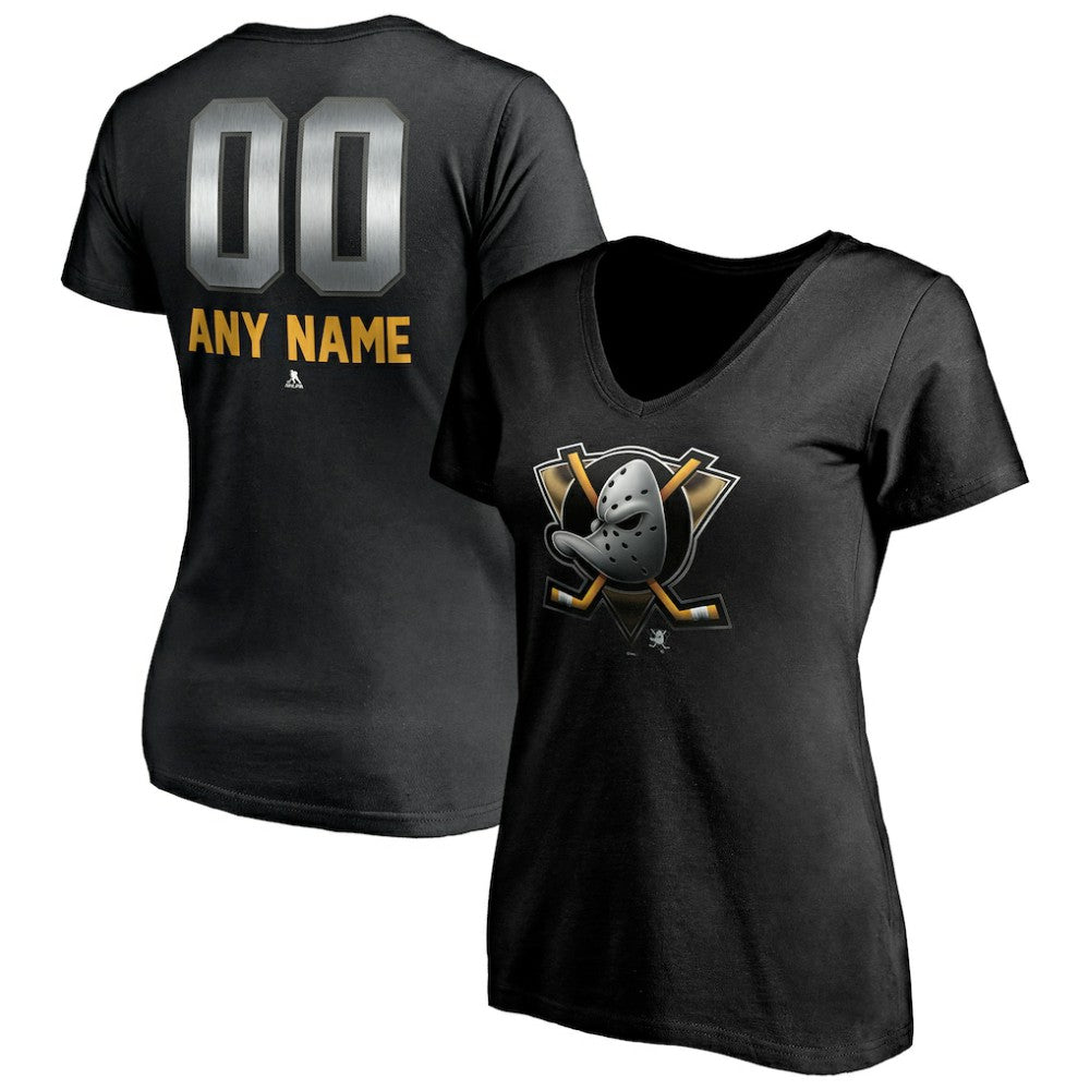 Anaheim Ducks Women's Personalized Midnight Mascot Logo V-Neck T-Shirt - Black - NHL 4444436