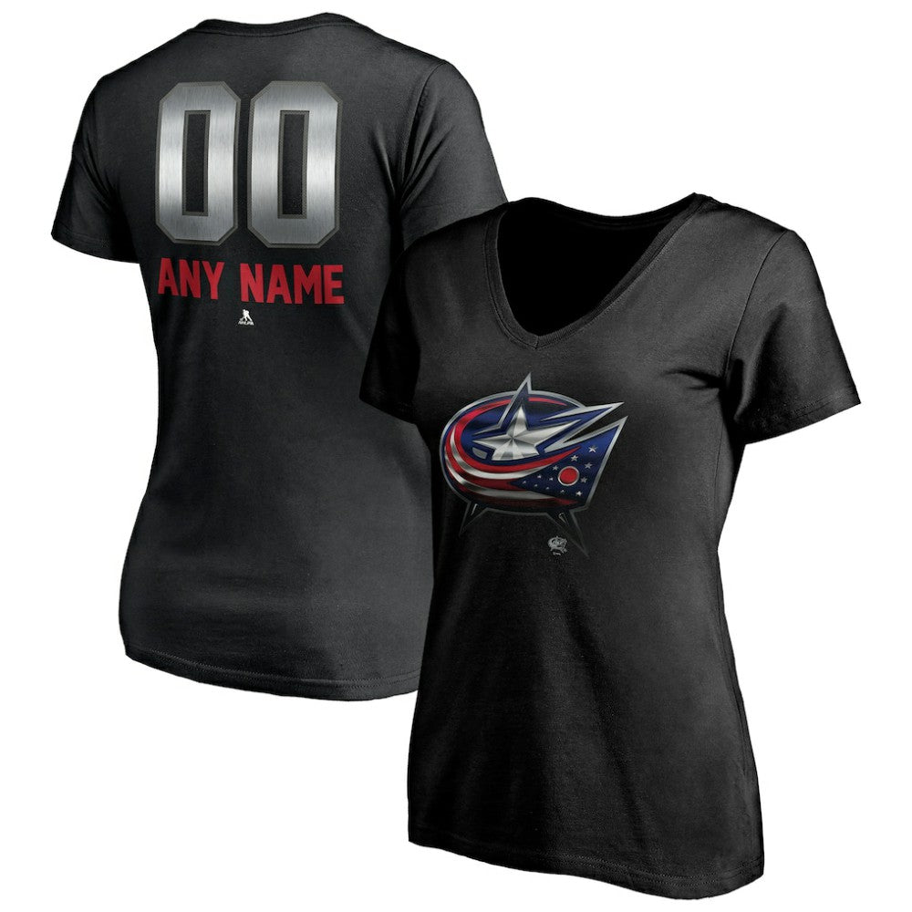Columbus Blue Jackets Women's Personalized Midnight Mascot Logo V-Neck T-Shirt - Black - NHL 4444442