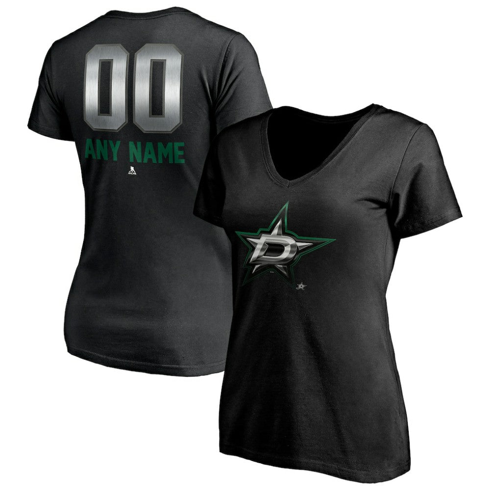 Dallas Stars Women's Personalized Midnight Mascot Logo V-Neck T-Shirt - Black - NHL 4444443