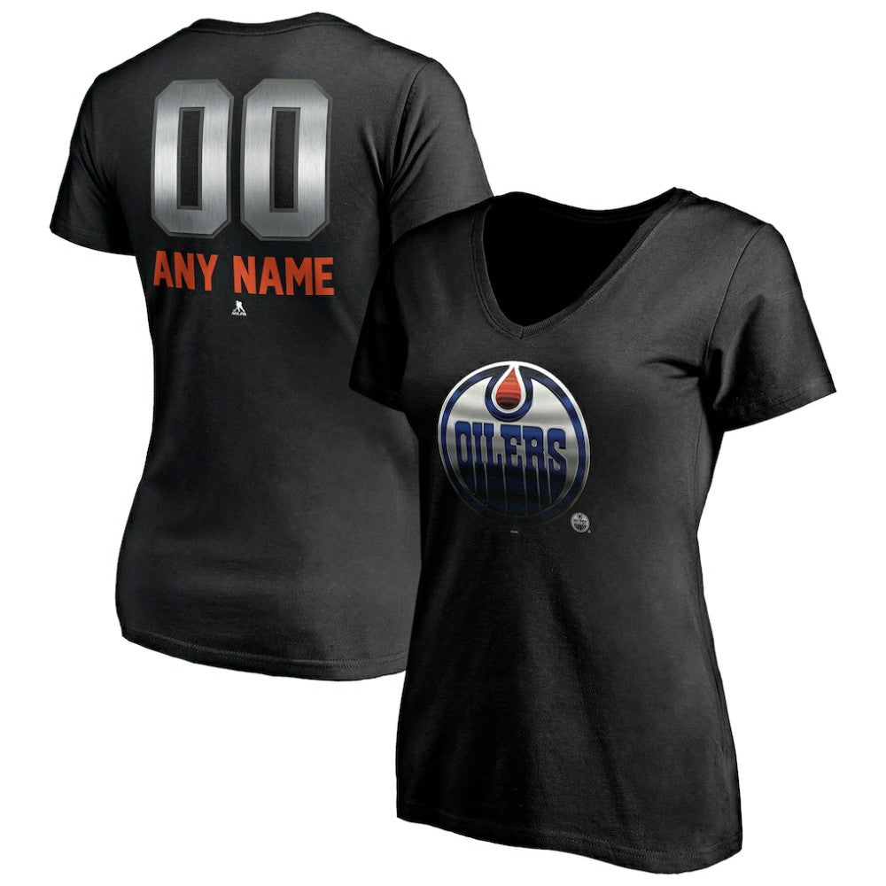 Edmonton Oilers Women's Personalized Midnight Mascot Logo V-Neck T-Shirt - Black - NHL 4444445