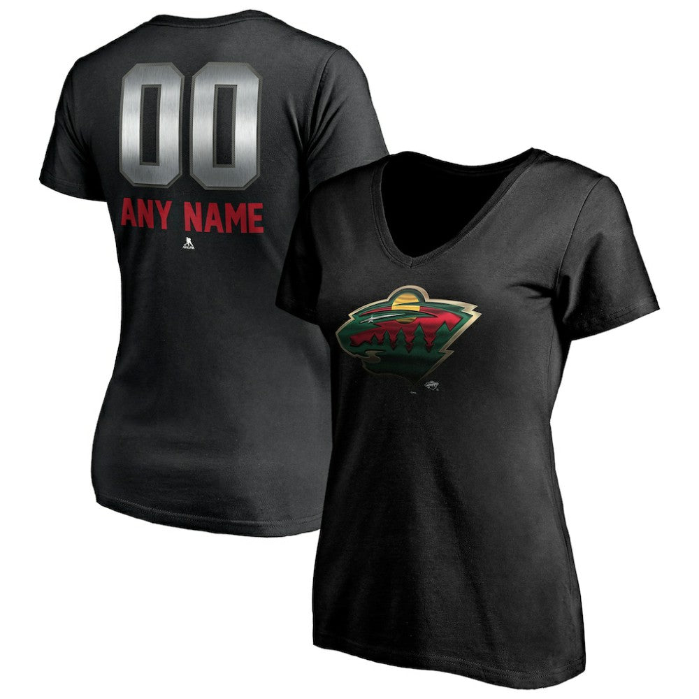 Minnesota Wild Women's Personalized Midnight Mascot Logo V-Neck T-Shirt - Black - NHL 4444448