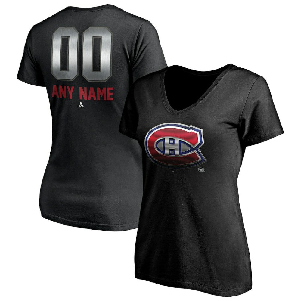 Montreal Canadiens Women's Personalized Midnight Mascot Logo V-Neck T-Shirt - Black - NHL 4444449