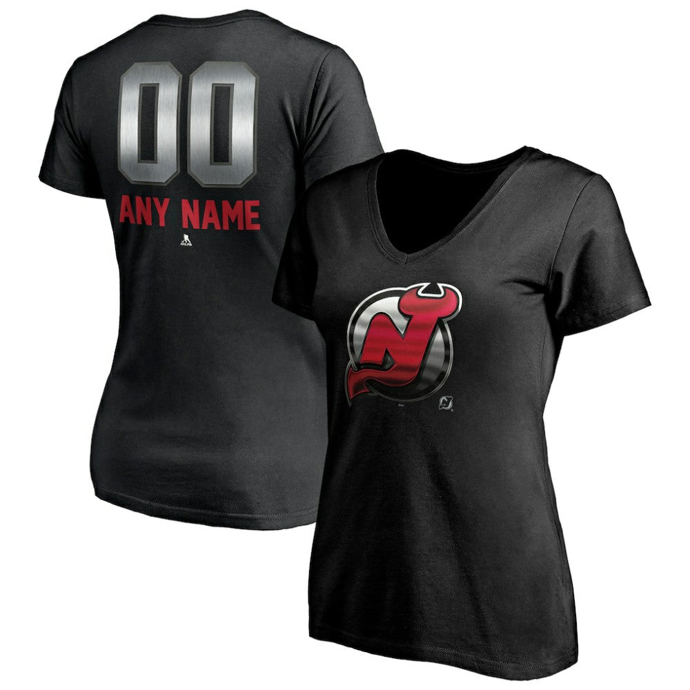New Jersey Devils Women's Personalized Midnight Mascot Logo V-Neck T-Shirt - Black - NHL 4444451