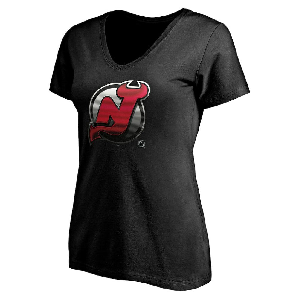 New Jersey Devils Women's Personalized Midnight Mascot Logo V-Neck T-Shirt - Black - NHL 4444451