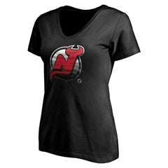 New Jersey Devils Women's Personalized Midnight Mascot Logo V-Neck T-Shirt - Black - NHL 4444451