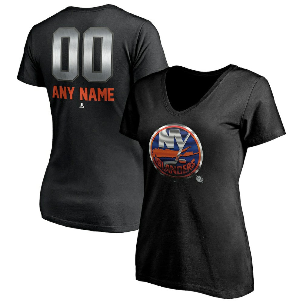 New York Islanders Women's Personalized Midnight Mascot Logo V-Neck T-Shirt - Black - NHL 4444452