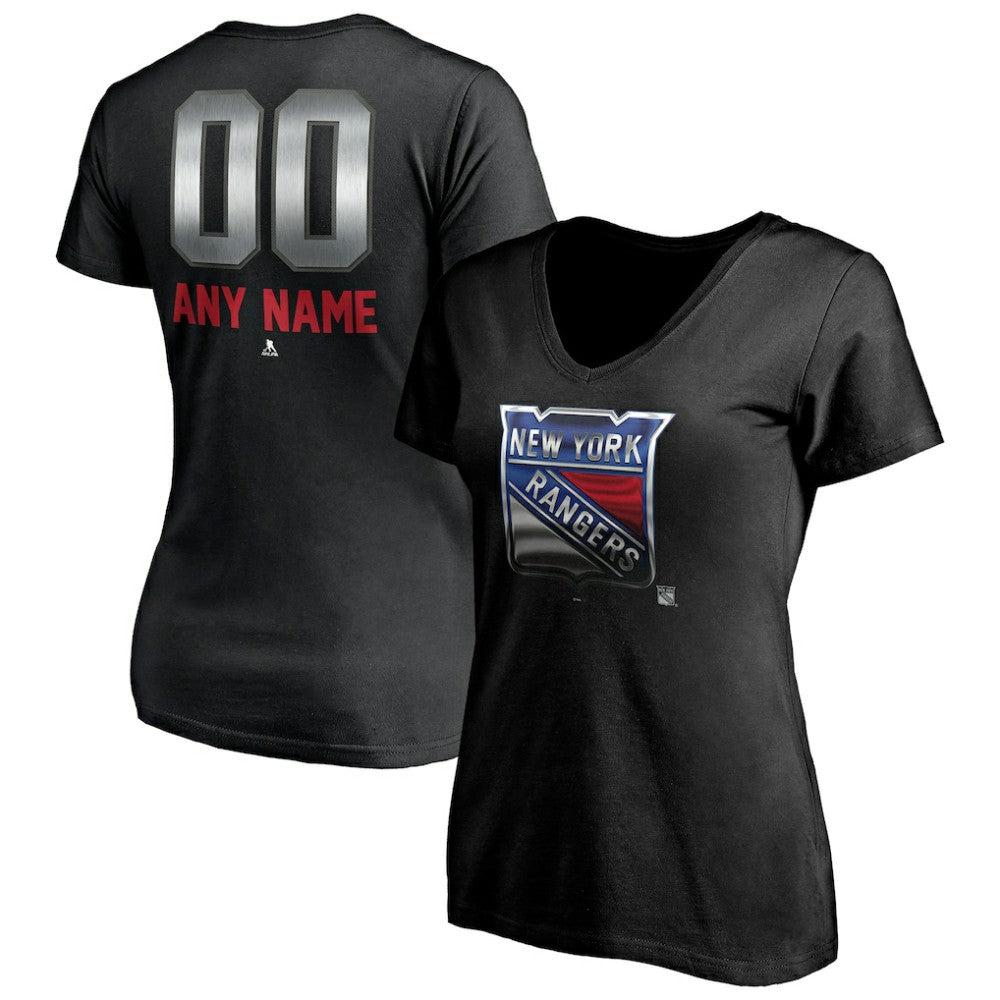 New York Rangers Women's Personalized Midnight Mascot Logo V-Neck T-Shirt - Black - NHL 4444453