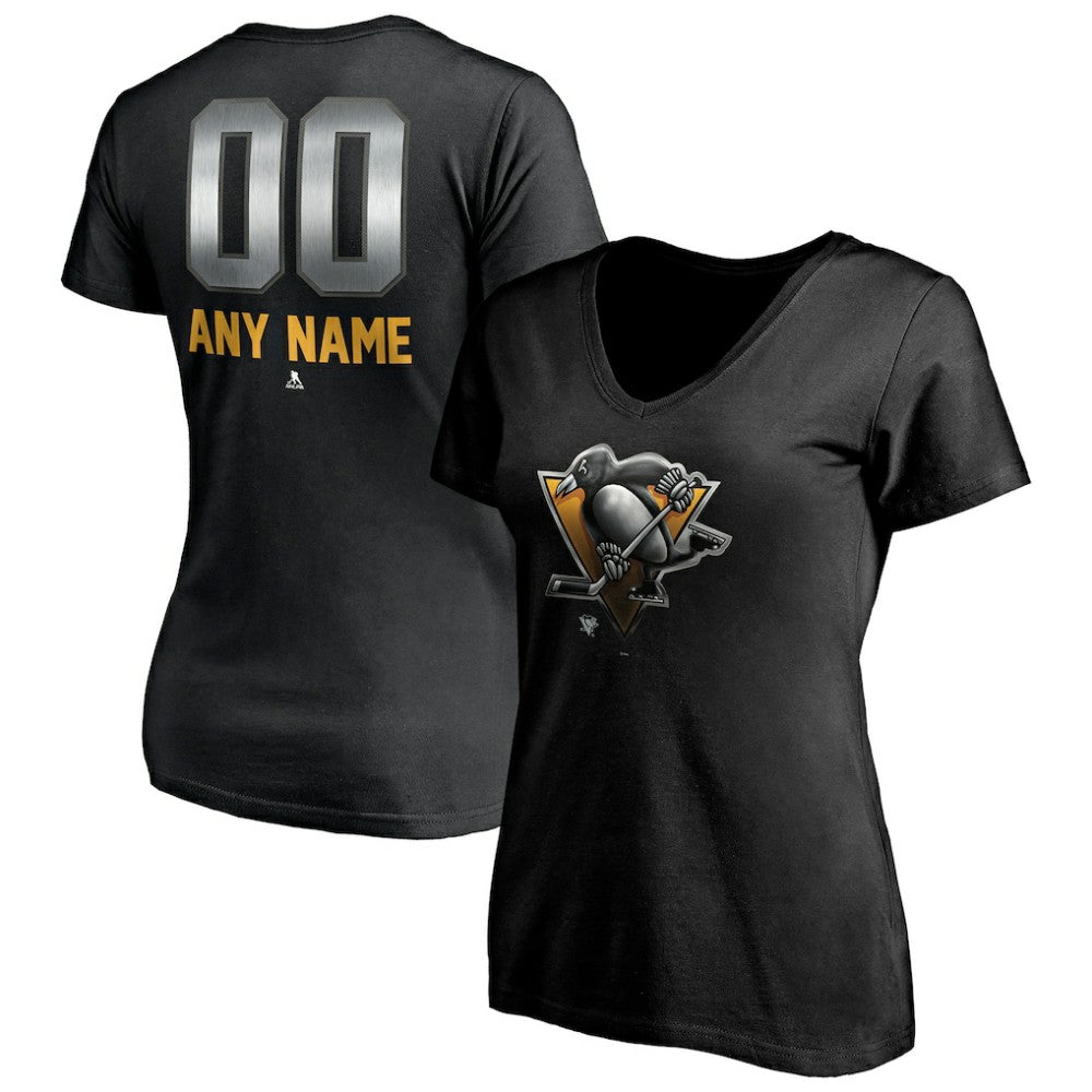 Pittsburgh Penguins Women's Personalized Midnight Mascot Logo V-Neck T-Shirt - Black - NHL 4444455