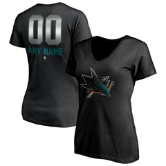 San Jose Sharks Women's Personalized Midnight Mascot Logo V-Neck T-Shirt - Black - NHL 4444456