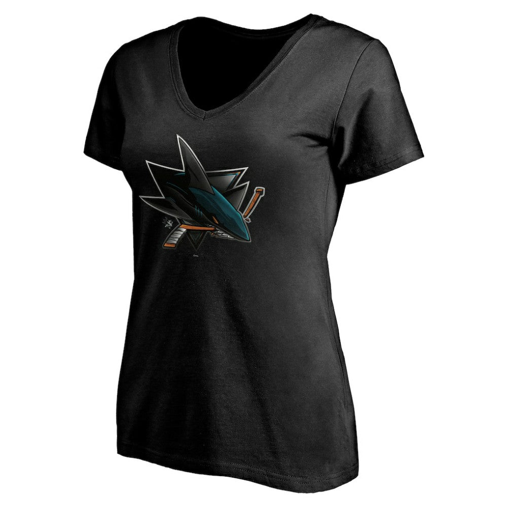 San Jose Sharks Women's Personalized Midnight Mascot Logo V-Neck T-Shirt - Black - NHL 4444456