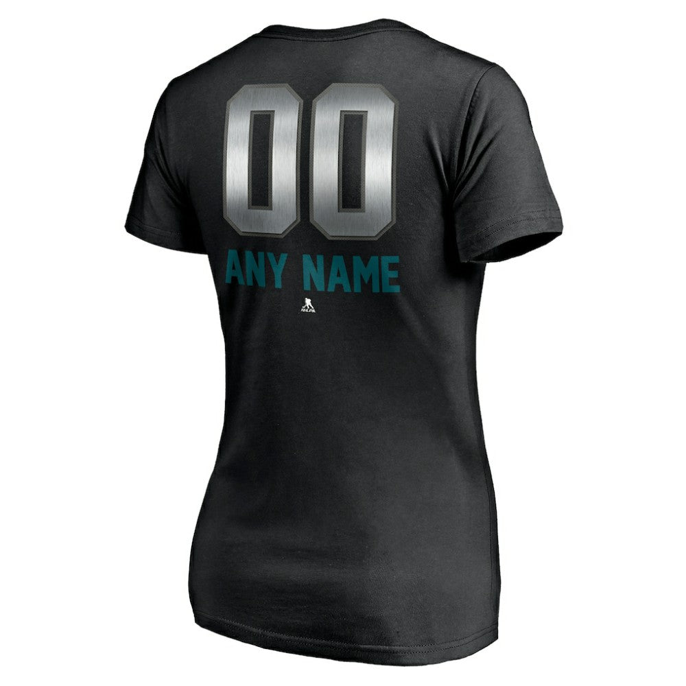 San Jose Sharks Women's Personalized Midnight Mascot Logo V-Neck T-Shirt - Black - NHL 4444456