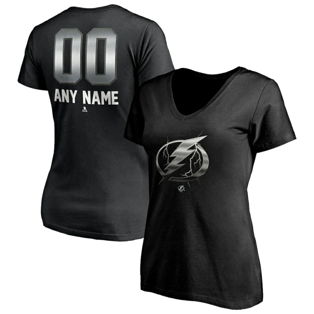 Tampa Bay Lightning Women's Personalized Midnight Mascot Logo V-Neck T-Shirt - Black - NHL 4444458