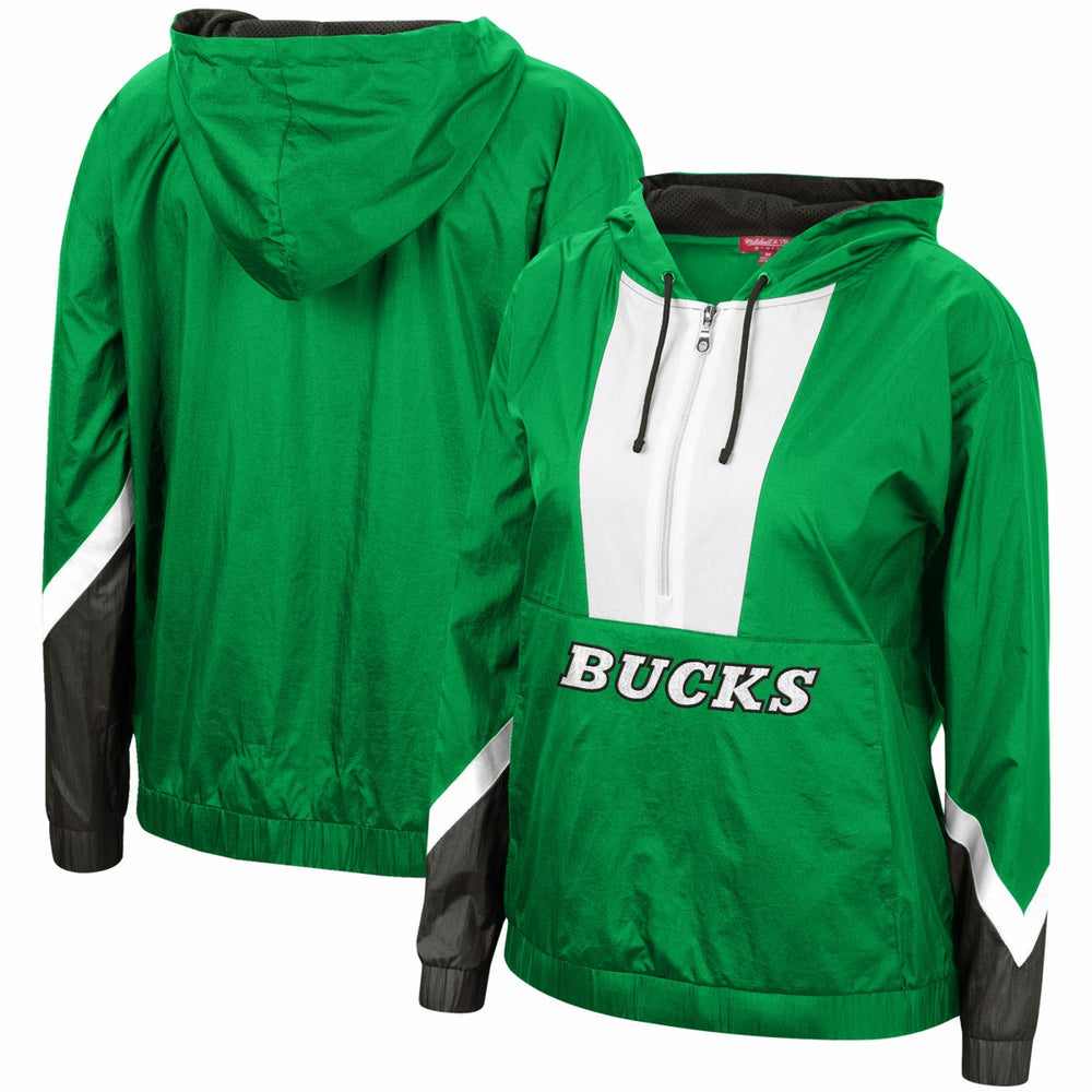 Milwaukee Bucks Women's Half-Zip Windbreaker 2.0 Hoodie Green | Mitchell & Ness online