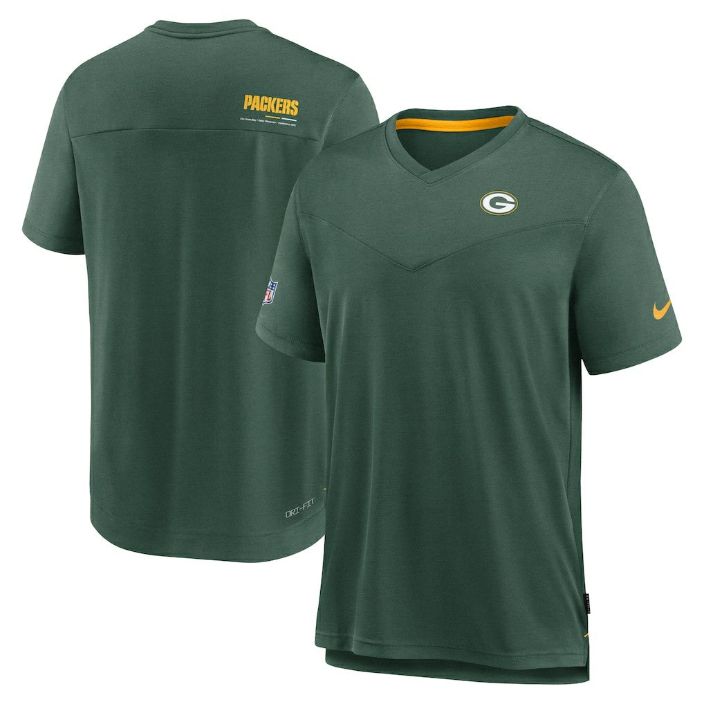 Nike Green Bay Packers Sideline Coach Chevron Lock Up Logo V-Neck Performance T-Shirt Heather Kelly Green