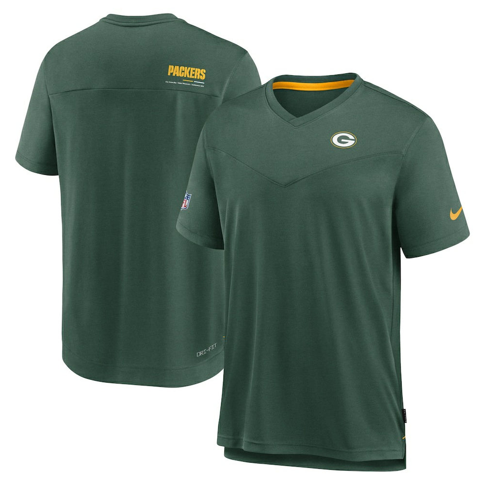 Nike Green Bay Packers Sideline Coach Chevron Lock Up Logo V-Neck Performance T-Shirt Heather Kelly Green