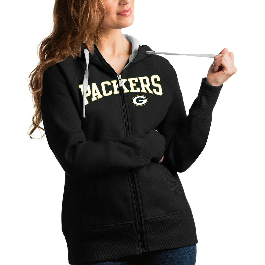 Green Bay Packers Antigua Women's Wordmark Victory Full-Zip Hoodie Black