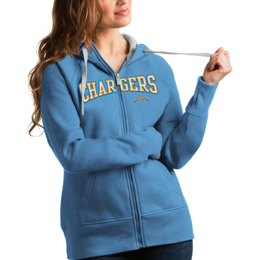 Los Angeles Chargers Antigua Women's Wordmark Victory Full-Zip Hoodie Powder Blue
