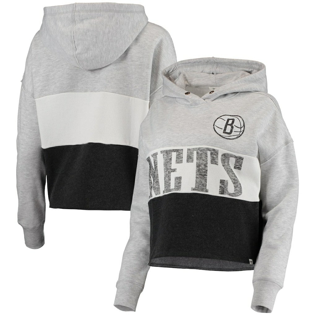 Brooklyn Nets '47 Women's Lizzy Cutoff Pullover Hoodie Heathered Gray/Heathered Black | 47 brand Lifestyle
