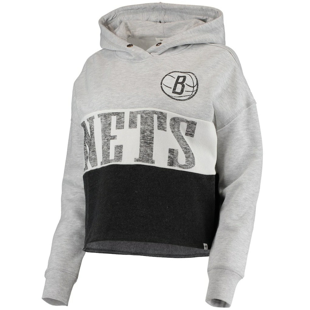 Brooklyn Nets '47 Women's Lizzy Cutoff Pullover Hoodie Heathered Gray/Heathered Black | 47 brand Lifestyle