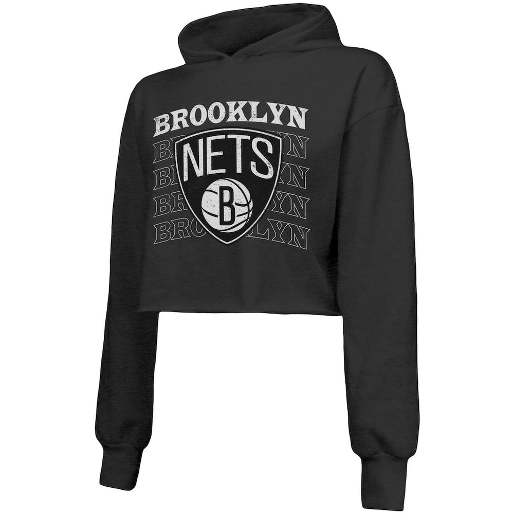 Brooklyn Nets Majestic Threads Women's Repeat Cropped Tri-Blend Pullover Hoodie Black