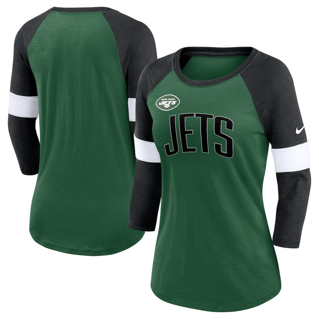 Nike New York Jets Women's Football Pride Raglan 3/4-Sleeve T-Shirt Heather Green/Heather Black