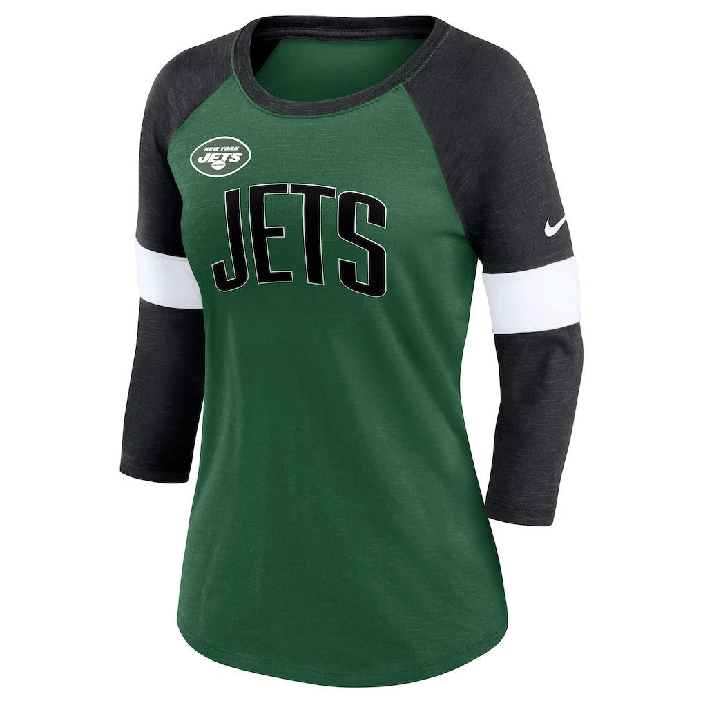 Nike New York Jets Women's Football Pride Raglan 3/4-Sleeve T-Shirt Heather Green/Heather Black