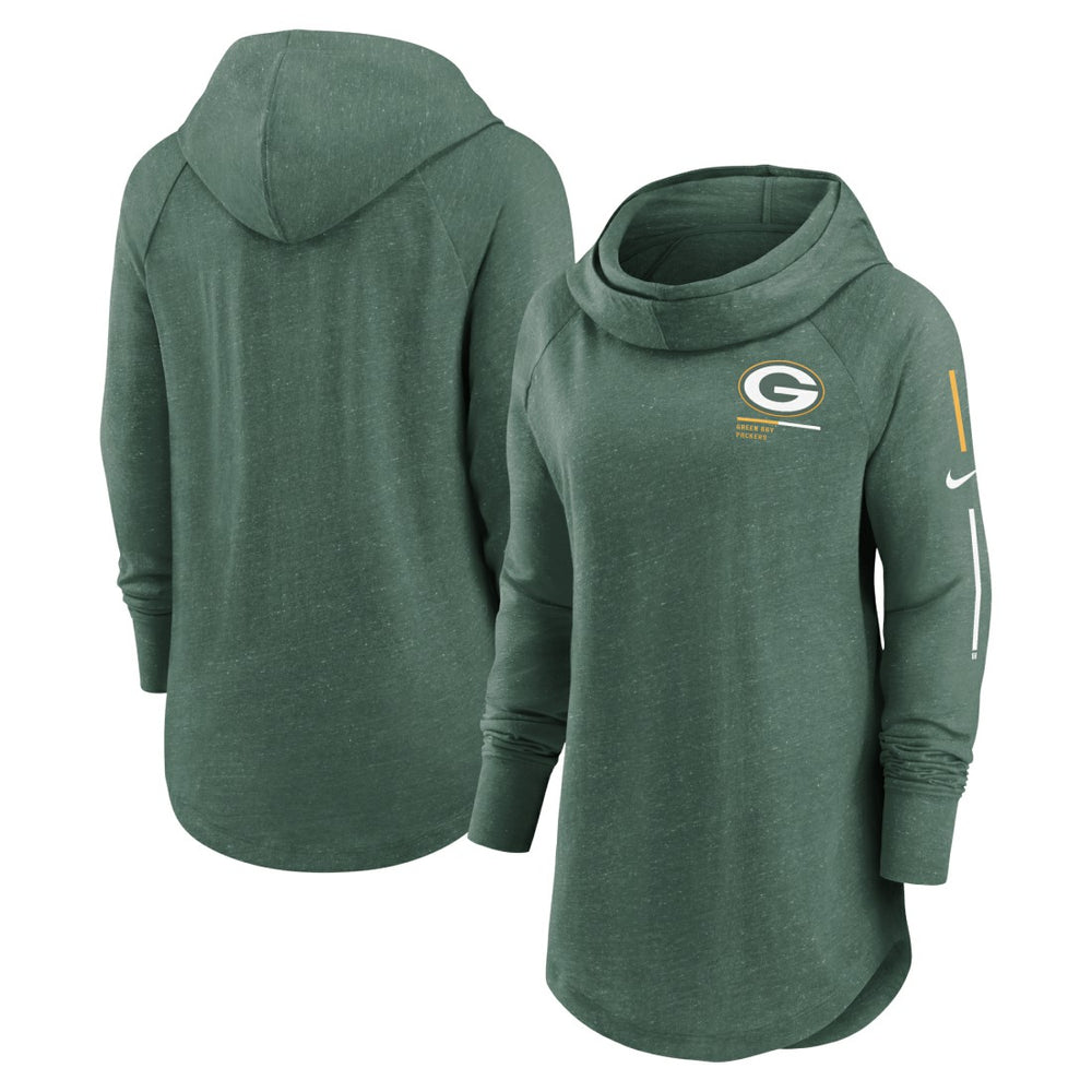 Nike Green Bay Packers Women's Minimal Statement Lightweight Raglan Funnel Neck Pullover Hoodie Heather Green