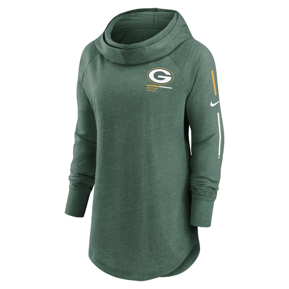 Nike Green Bay Packers Women's Minimal Statement Lightweight Raglan Funnel Neck Pullover Hoodie Heather Green