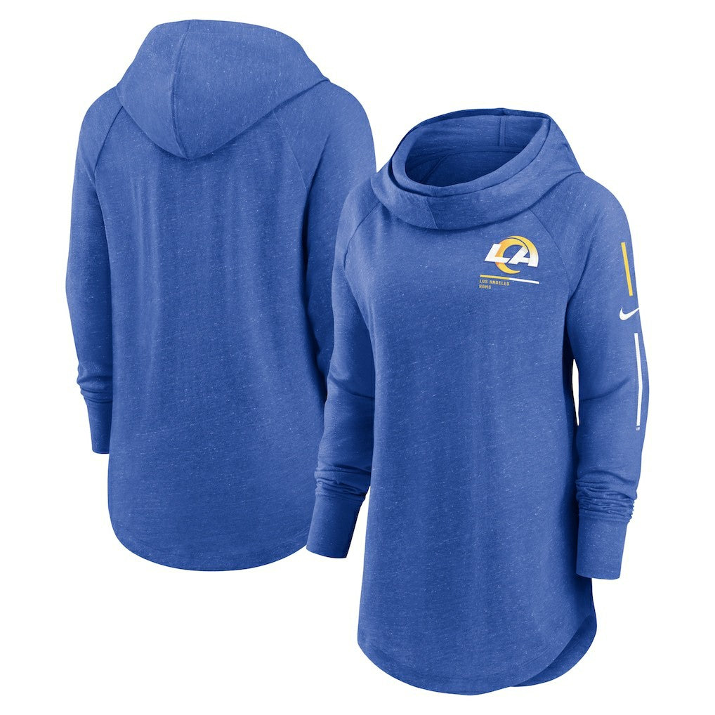Nike Los Angeles Rams Women's Minimal Statement Lightweight Raglan Funnel Neck Pullover Hoodie Royal