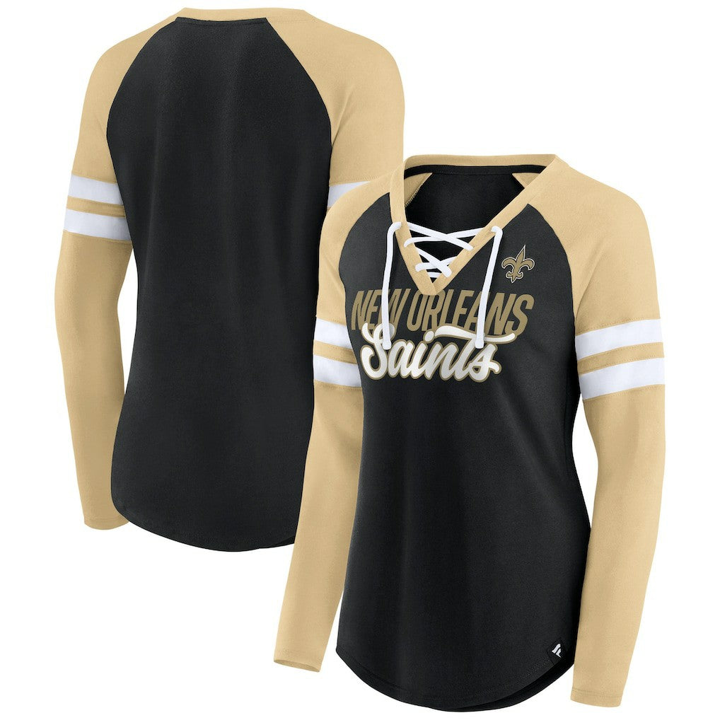 Fanatics New Orleans Saints Women's True to Form Raglan Lace-Up V-Neck Long Sleeve T-Shirt Black/Gold