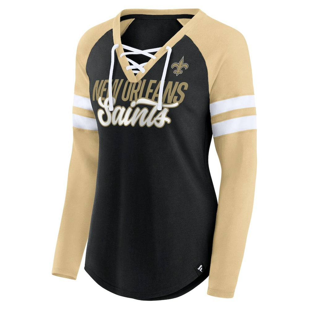 Fanatics New Orleans Saints Women's True to Form Raglan Lace-Up V-Neck Long Sleeve T-Shirt Black/Gold