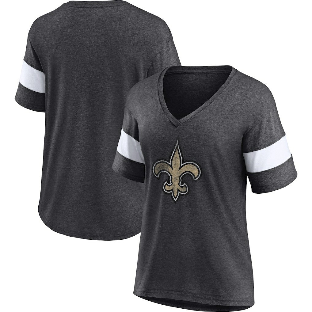 Fanatics New Orleans Saints Women's Distressed Team Tri-Blend V-Neck T-Shirt Heathered Charcoal/White