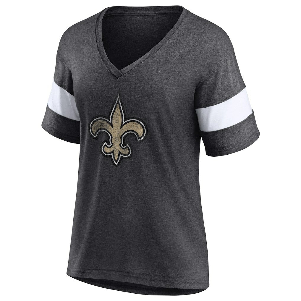 Fanatics New Orleans Saints Women's Distressed Team Tri-Blend V-Neck T-Shirt Heathered Charcoal/White