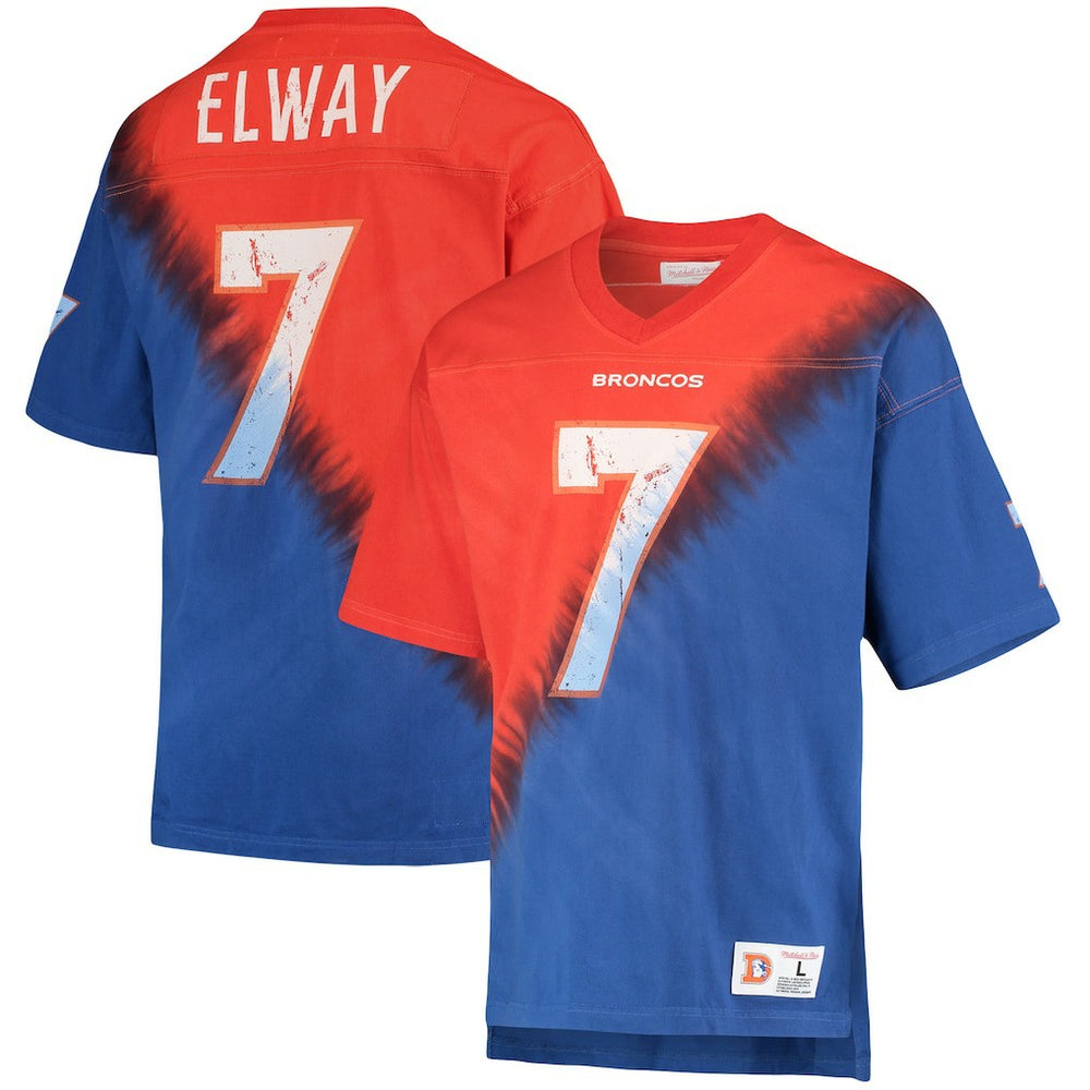 Mitchell & Ness John Elway Denver Broncos Retired Player Name & Number Diagonal Tie-Dye V-Neck T-Shirt Orange/Royal
