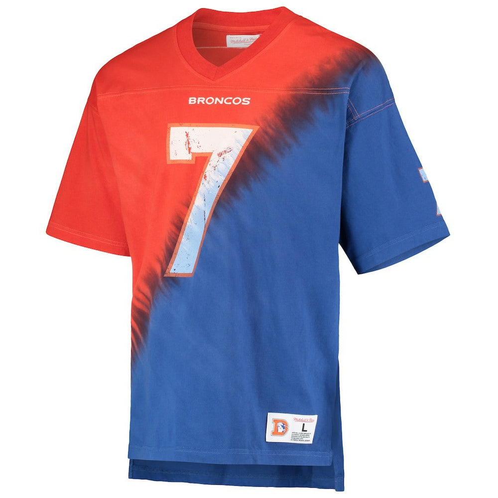 Mitchell & Ness John Elway Denver Broncos Retired Player Name & Number Diagonal Tie-Dye V-Neck T-Shirt Orange/Royal