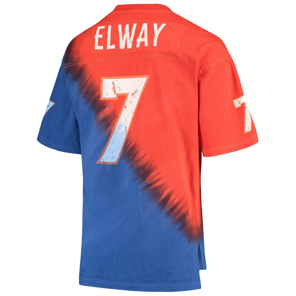 Mitchell & Ness John Elway Denver Broncos Retired Player Name & Number Diagonal Tie-Dye V-Neck T-Shirt Orange/Royal