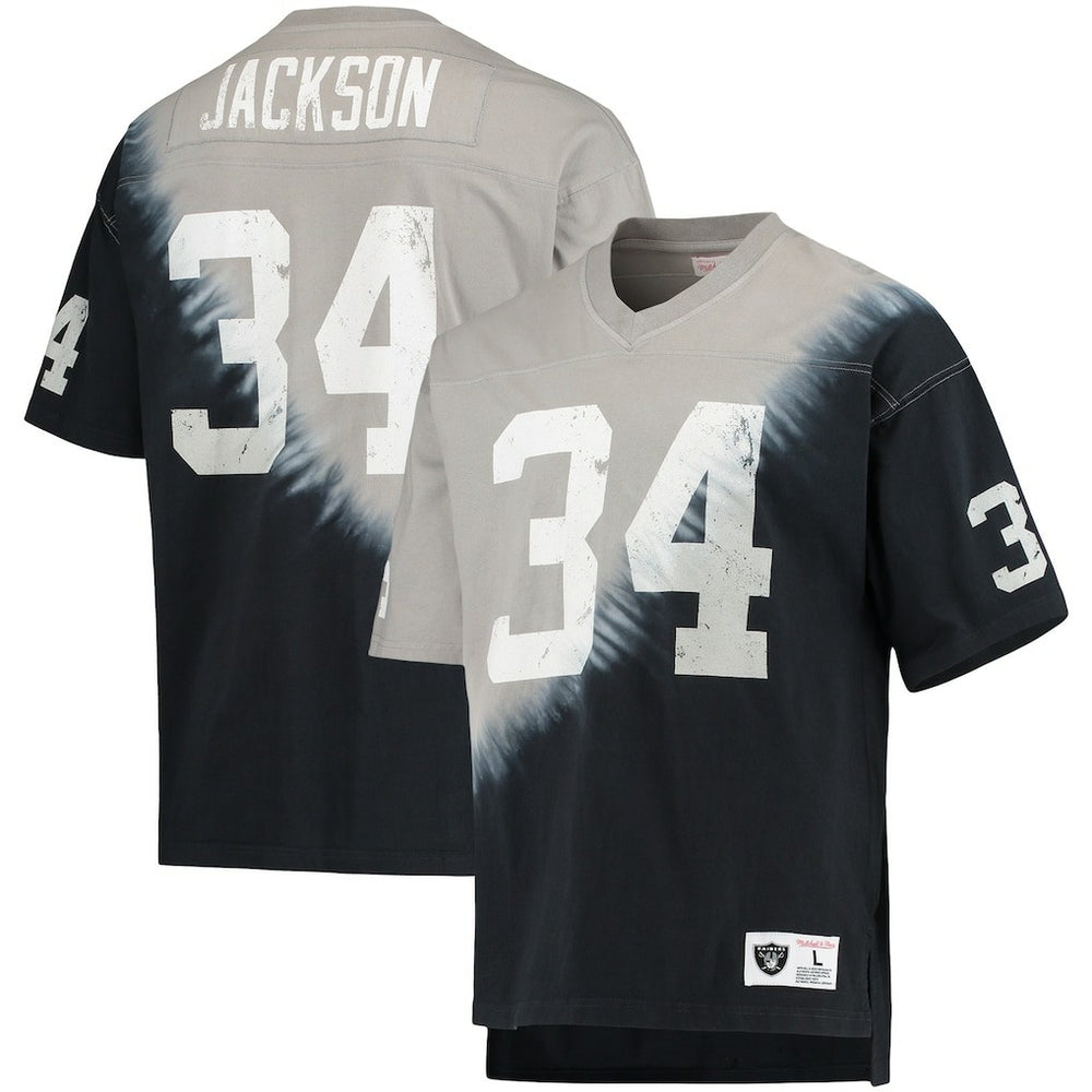 Mitchell & Ness Bo Jackson Las Vegas Raiders Retired Player Name & Number Diagonal Tie-Dye V-Neck T-Shirt Black/Silver