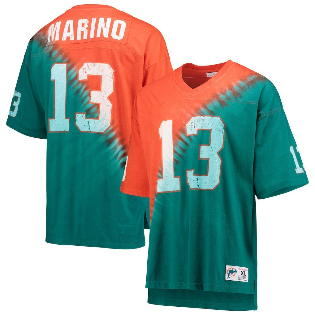 Mitchell & Ness Dan Marino Miami Dolphins Retired Player Name & Number Diagonal Tie-Dye V-Neck T-Shirt Orange/Aqua