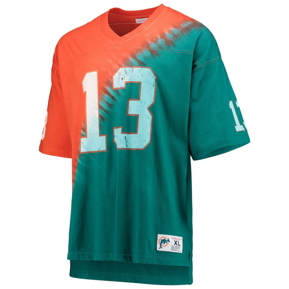 Mitchell & Ness Dan Marino Miami Dolphins Retired Player Name & Number Diagonal Tie-Dye V-Neck T-Shirt Orange/Aqua