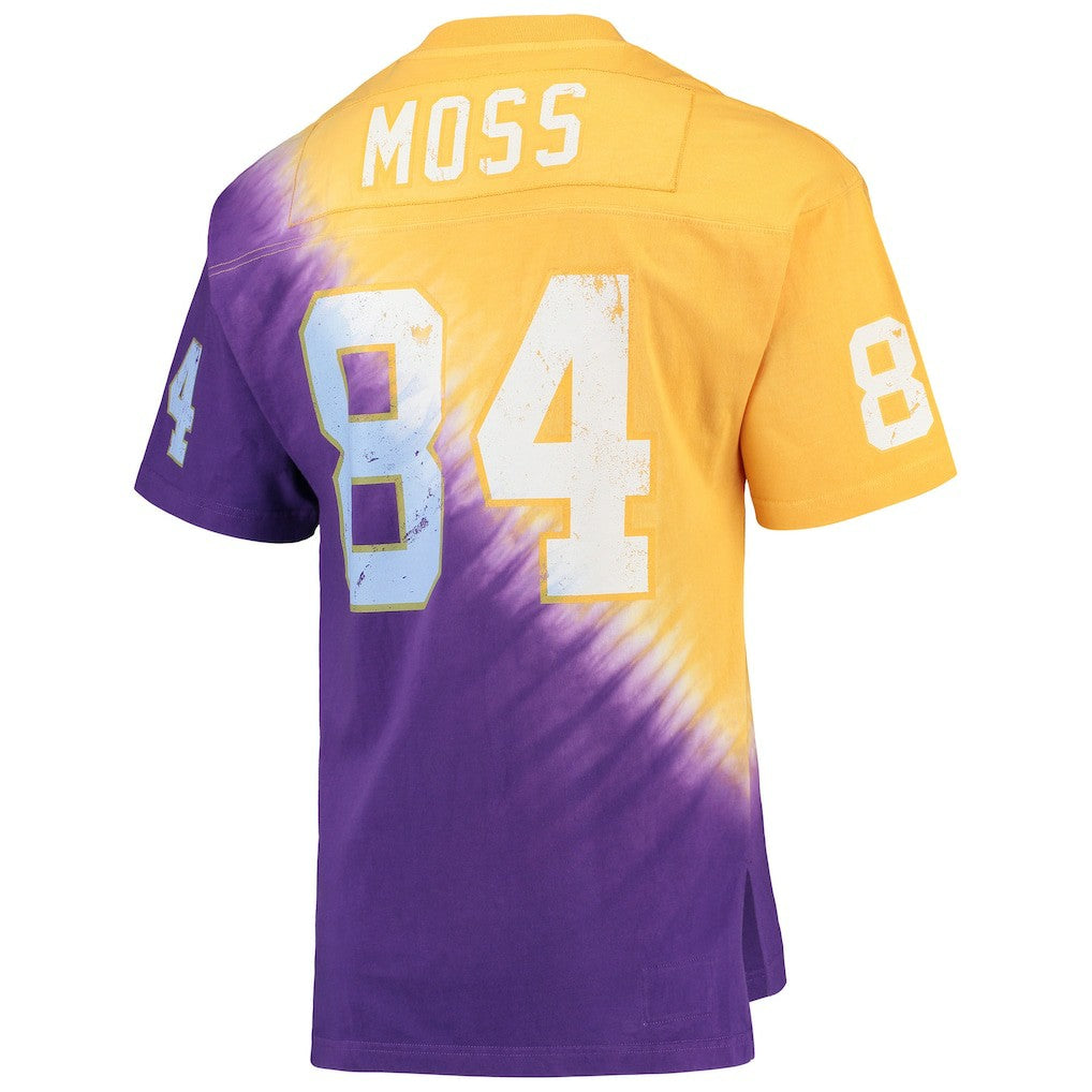 Mitchell & Ness Randy Moss Minnesota Vikings Retired Player Name & Number Diagonal Tie-Dye V-Neck T-Shirt Gold/Purple