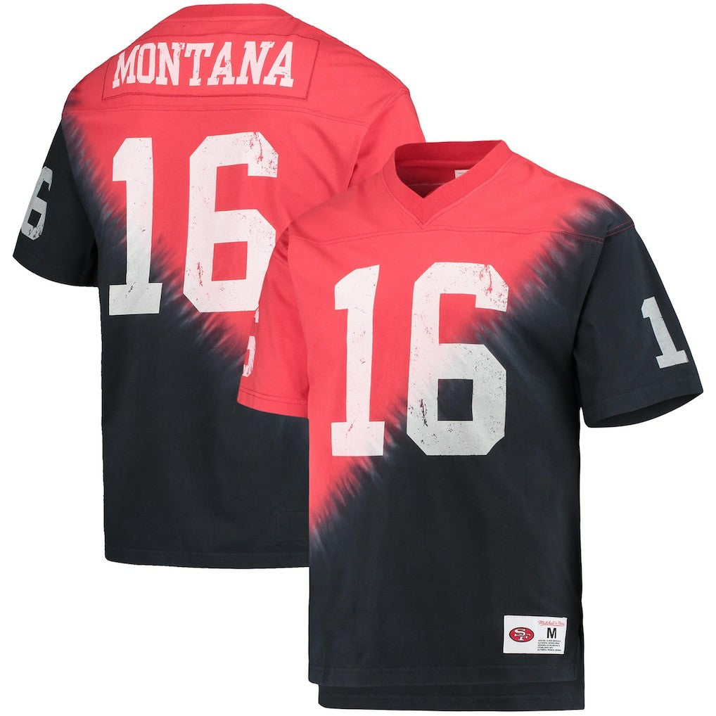 Mitchell & Ness Joe Montana San Francisco 49ers Retired Player Name & Number Diagonal Tie-Dye V-Neck T-Shirt Black/Red